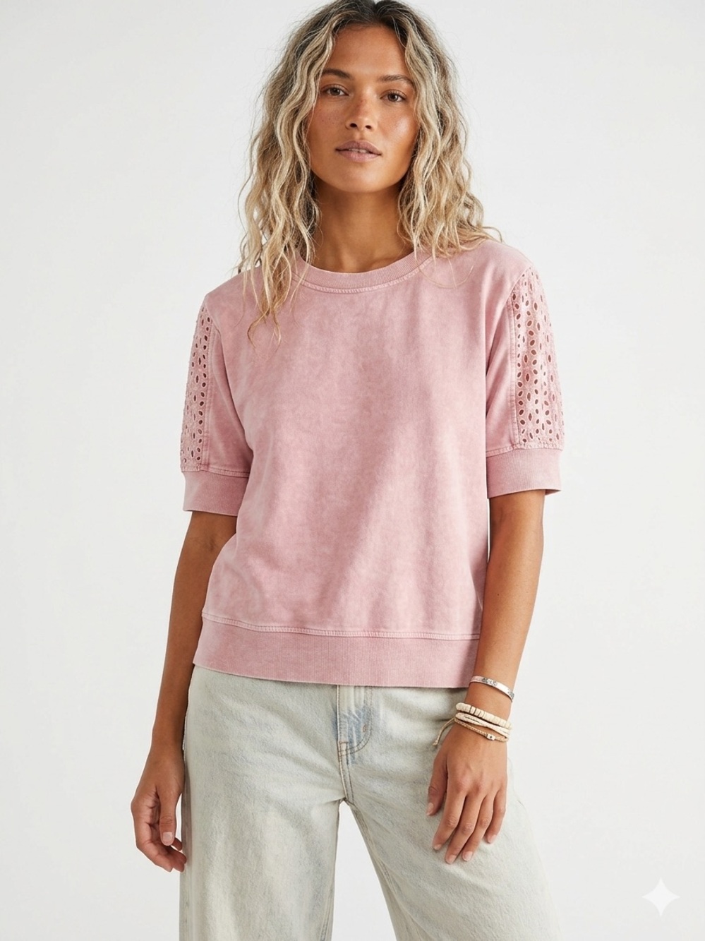 Jane & Delancey Pink Eyelet Short-Sleeve Sweatshirt Top